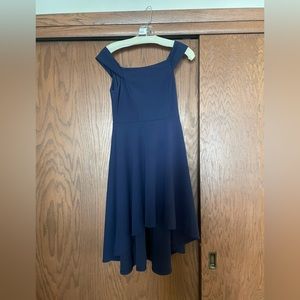 Off the shoulder navy blue homecoming dress! High in the front, low in the back!